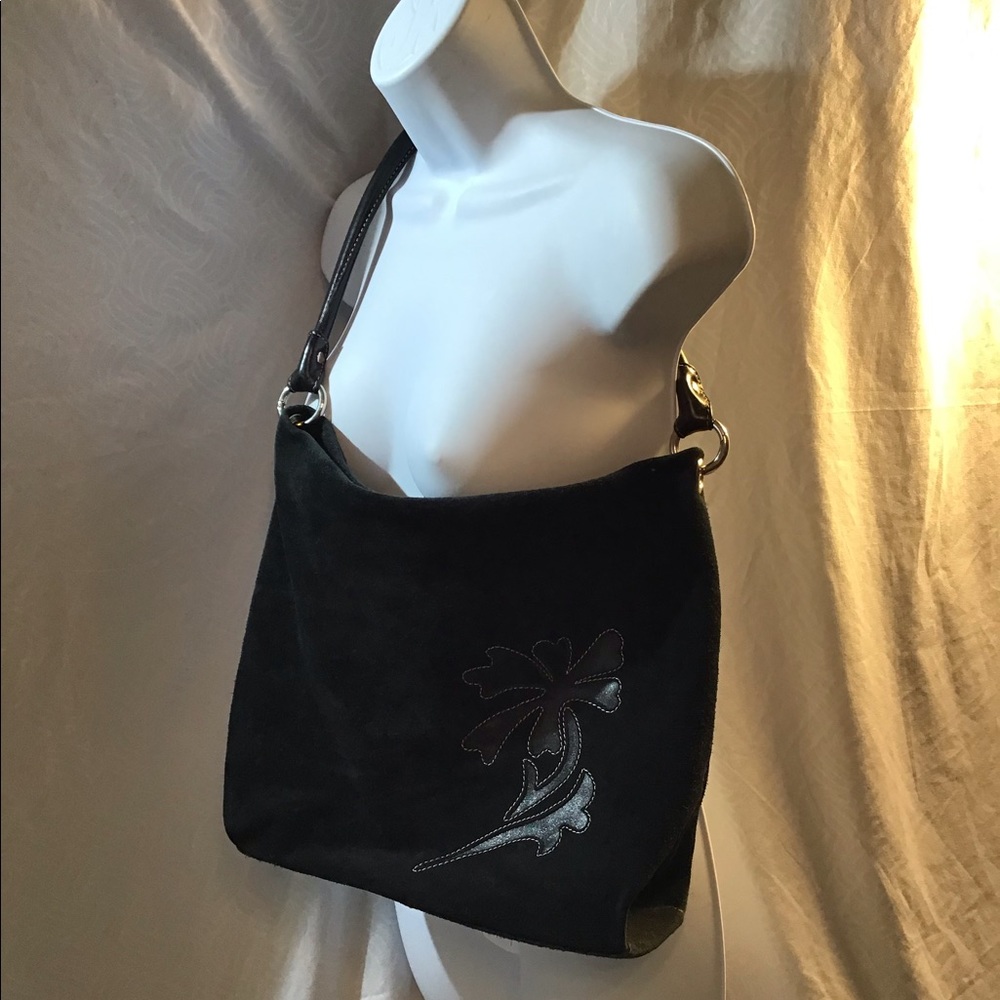 Palio black suede, leather flower deco bag, EUC!